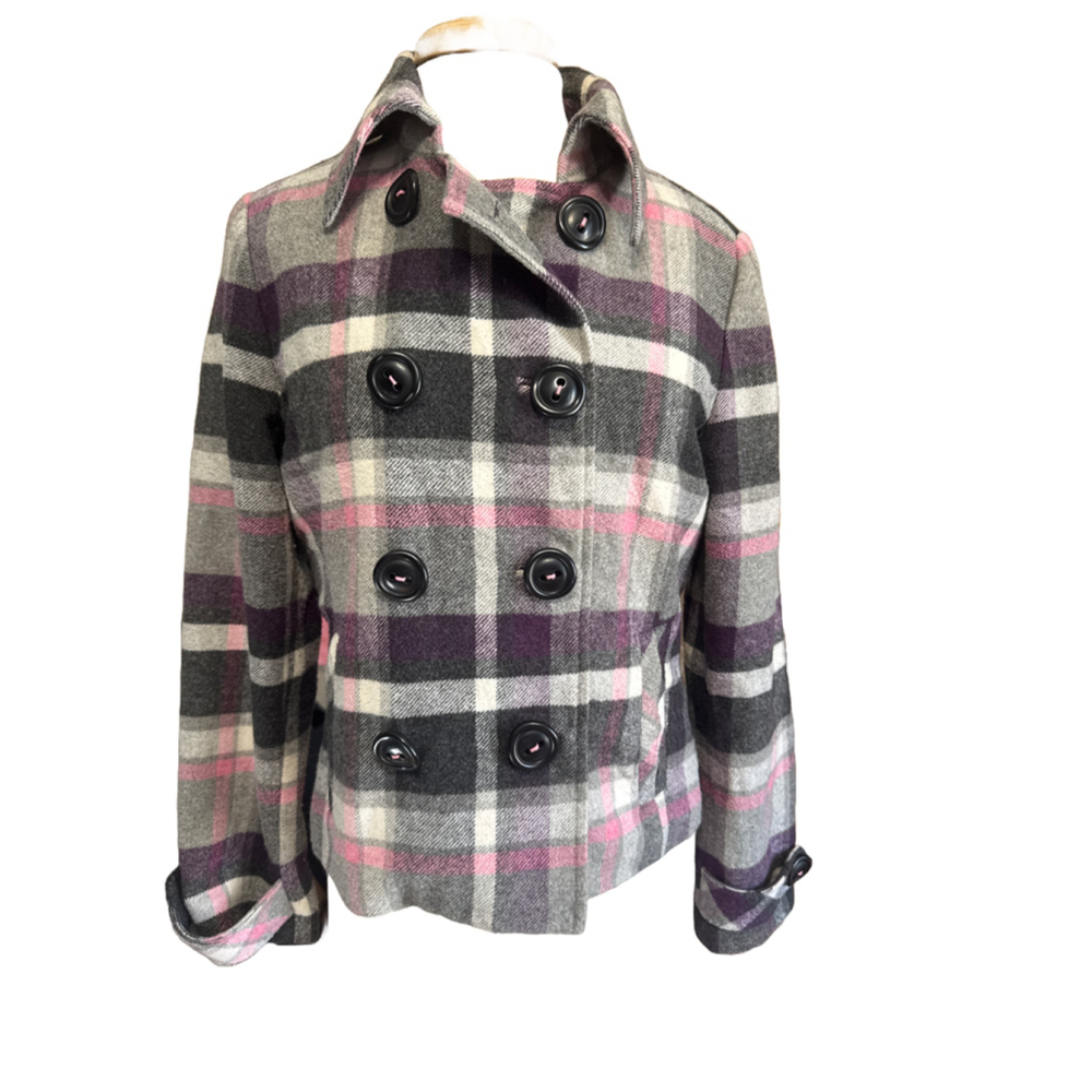 Cabi Double Breasted Pea Coat Grey Purple & Pink